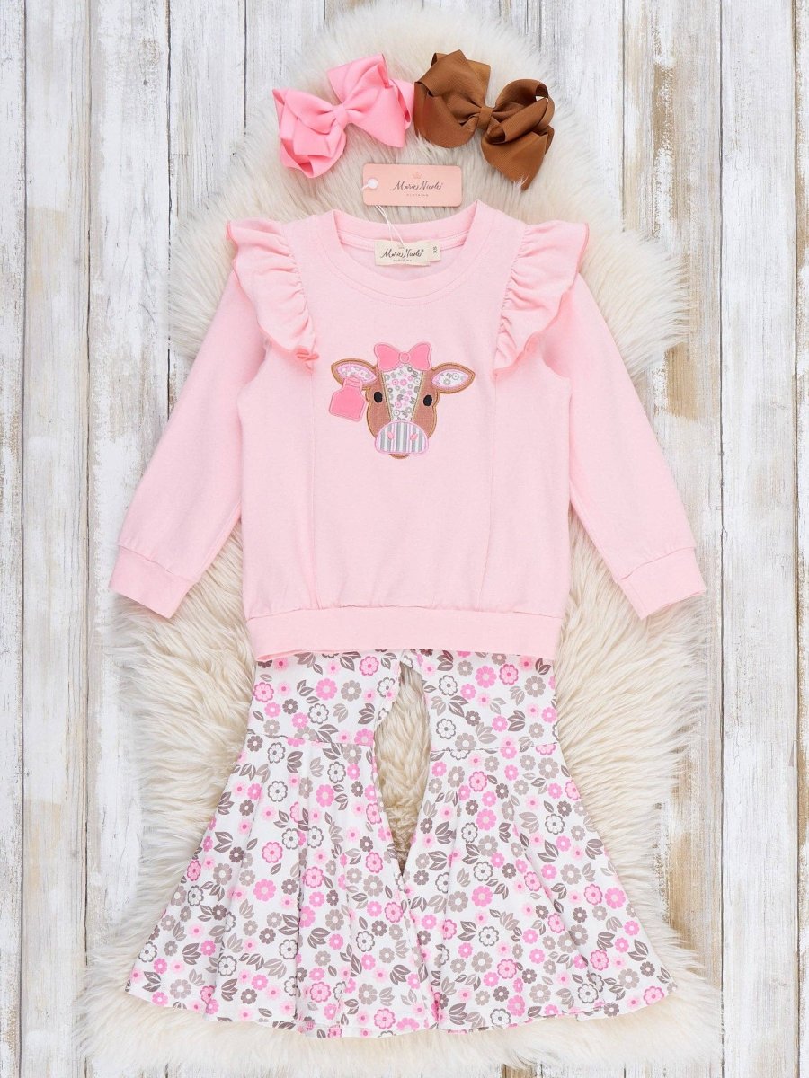 Marie Nicole Clothing Floral Cow Cutie Ruffle Bell Bottom Outfit - 5YRS - OFG61399-3XS
