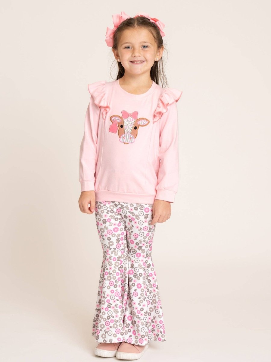 Marie Nicole Clothing Floral Cow Cutie Ruffle Bell Bottom Outfit - 5YRS - OFG61399-3XS