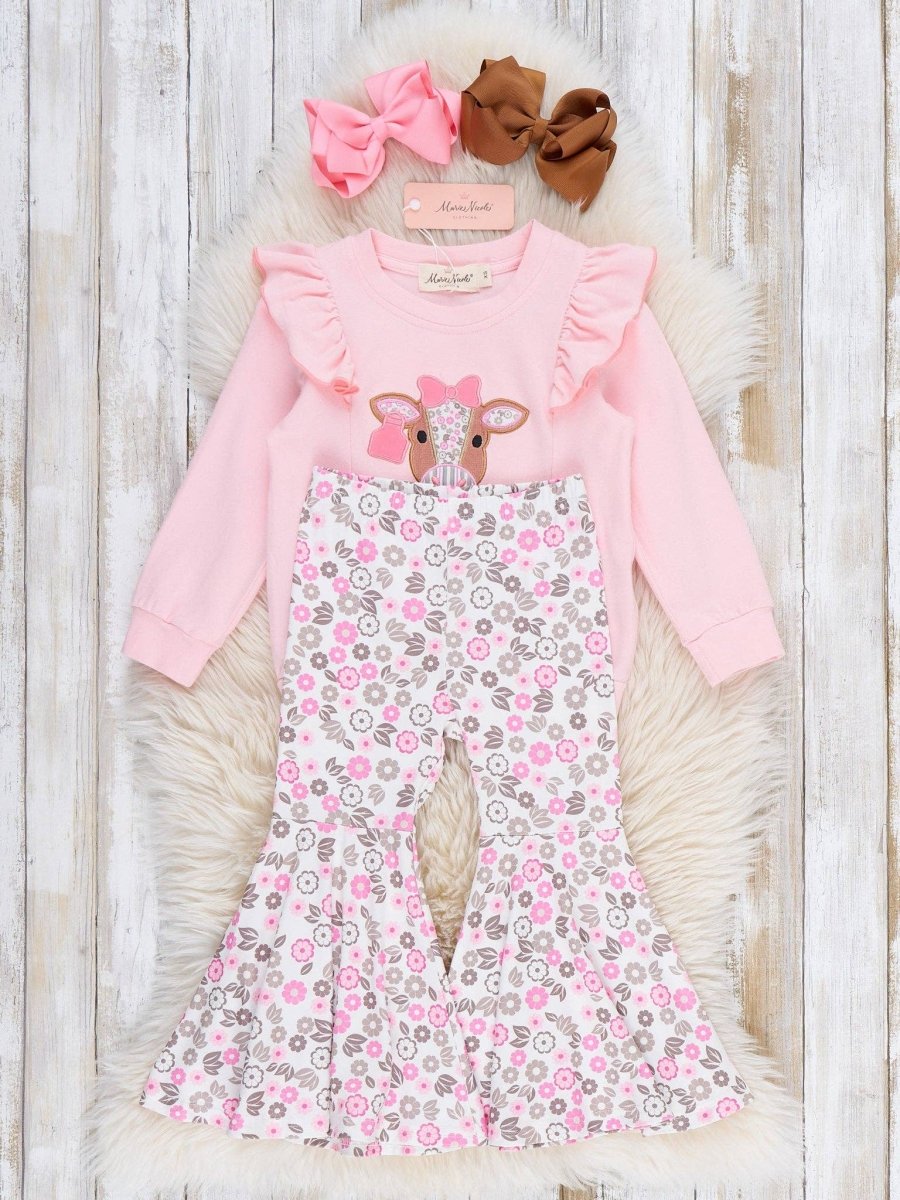 Marie Nicole Clothing Floral Cow Cutie Ruffle Bell Bottom Outfit - 5YRS - OFG61399-3XS