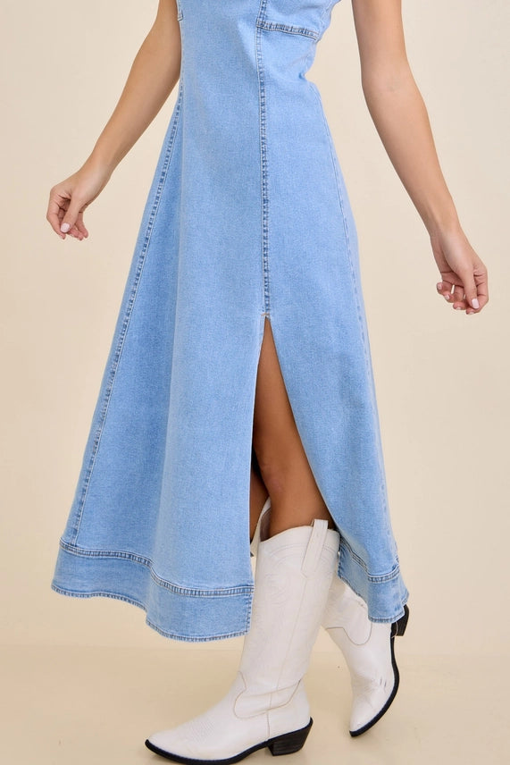 Main Strip Sleeveless Side Slit Denim Midi Dress - LT DENIM