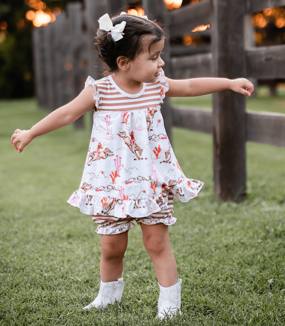 Millie Loves Lily Baby Western Pink Rodeo Girl Skirted Bubble Romper Light Pink - FY28SIL75468-3M