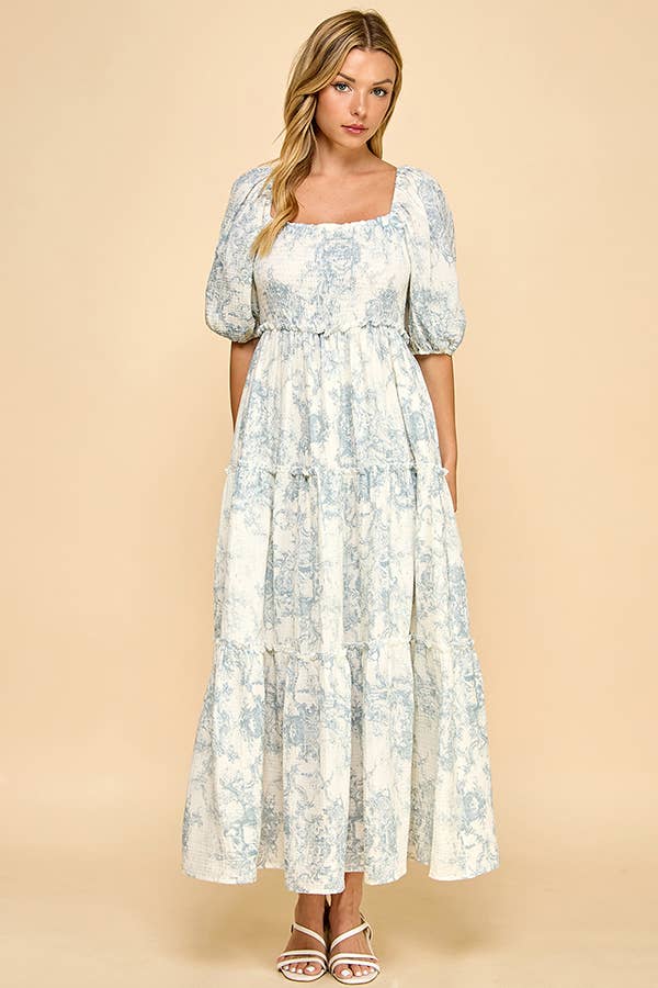 hattie maxi dress Hattie Puff Blue Vintage Print Tiered Maxi Dress