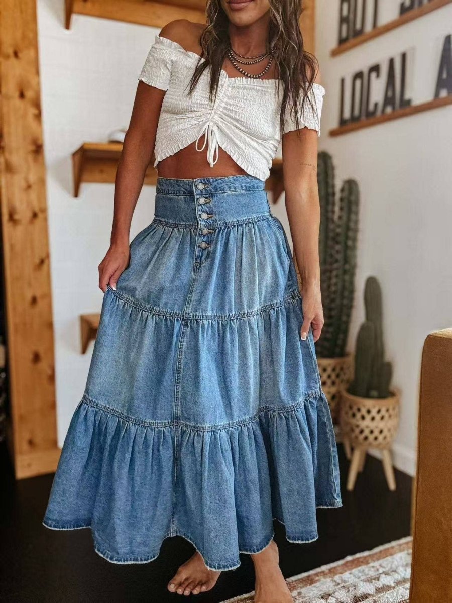 Miss Sparkling High-Waist Tiered Denim Maxi Skirt - Blue - W20511291-S
