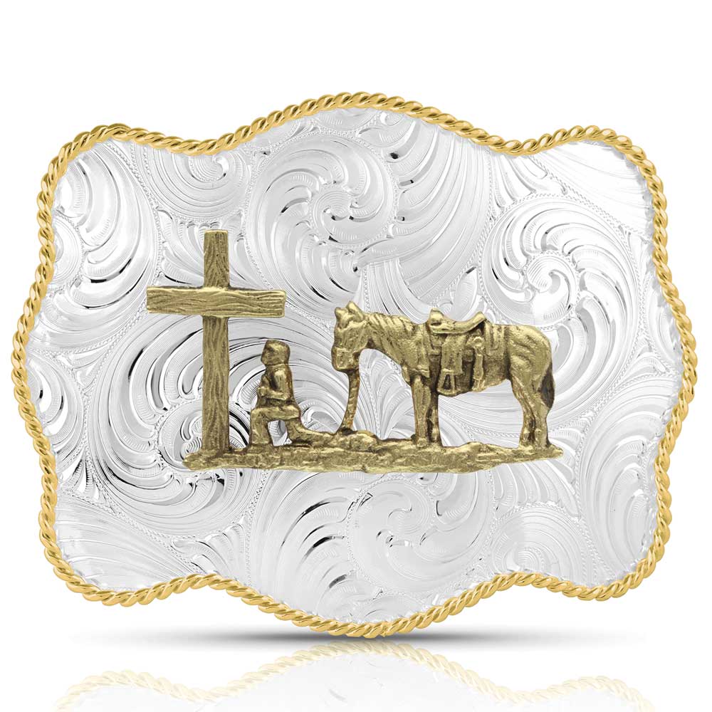Montana Silversmiths Bold Engraved Scalloped Buckle With Christian Cowboy - 50510-731L