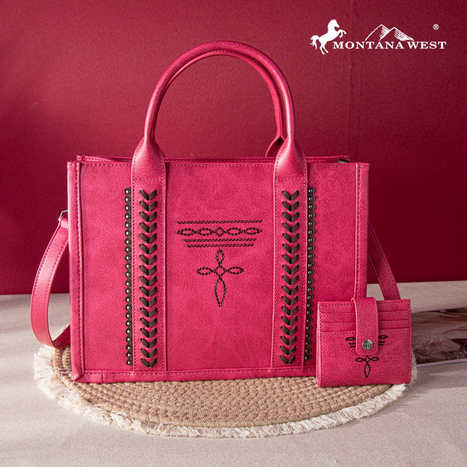 Montana West Hot Pink Whipstitch Concealed Carry Tote Bag with Matching Bi - Fold Wallet - MW1124 - H8120SWHPK