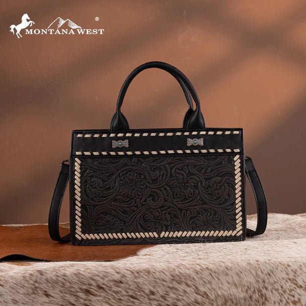 Montana West Tooled Collection Tote/Crossbody - Black - MW1323-8011BK