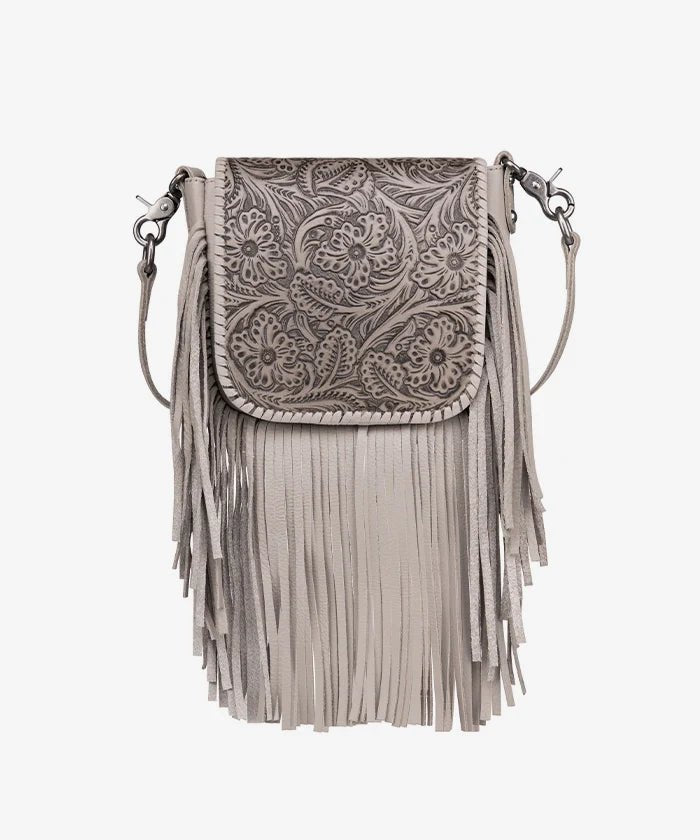 Montana West Genuine Leather Floral Fringe Crossbody - Tan - RLC-L159TN