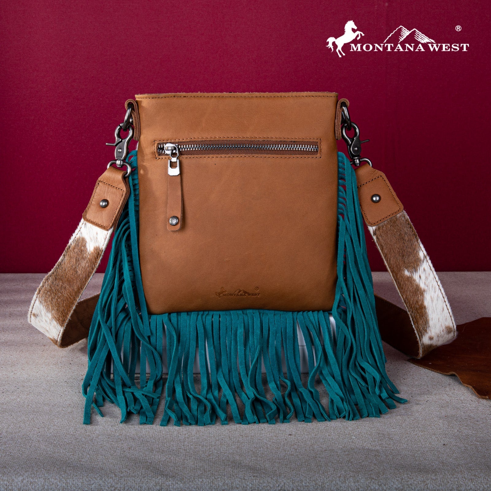 Montana West Genuine Leather Hair - On Fringe Crossbody with Detailed Leather Strap - Turquoise - RLC - L186TQ