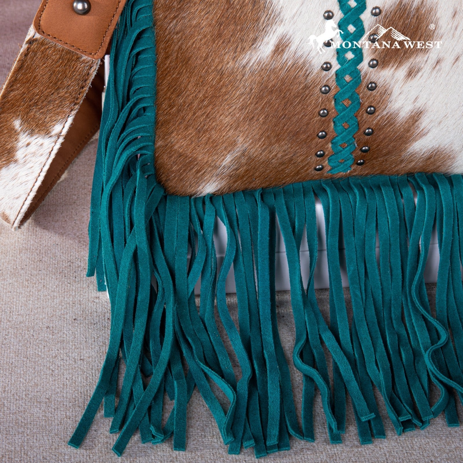 Montana West Genuine Leather Hair - On Fringe Crossbody with Detailed Leather Strap - Turquoise - RLC - L186TQ