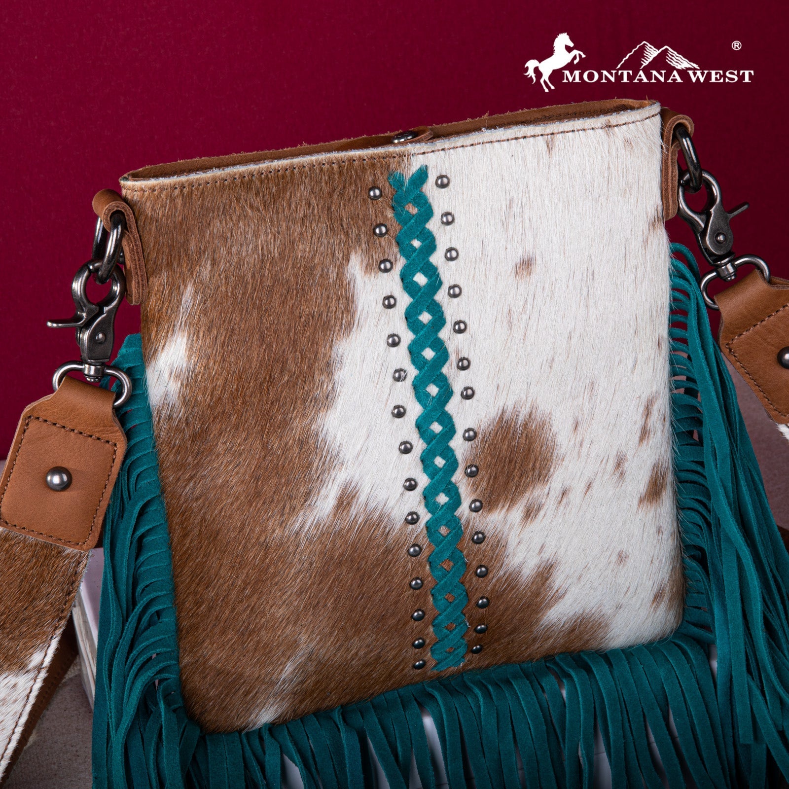 Montana West Genuine Leather Hair - On Fringe Crossbody with Detailed Leather Strap - Turquoise - RLC - L186TQ