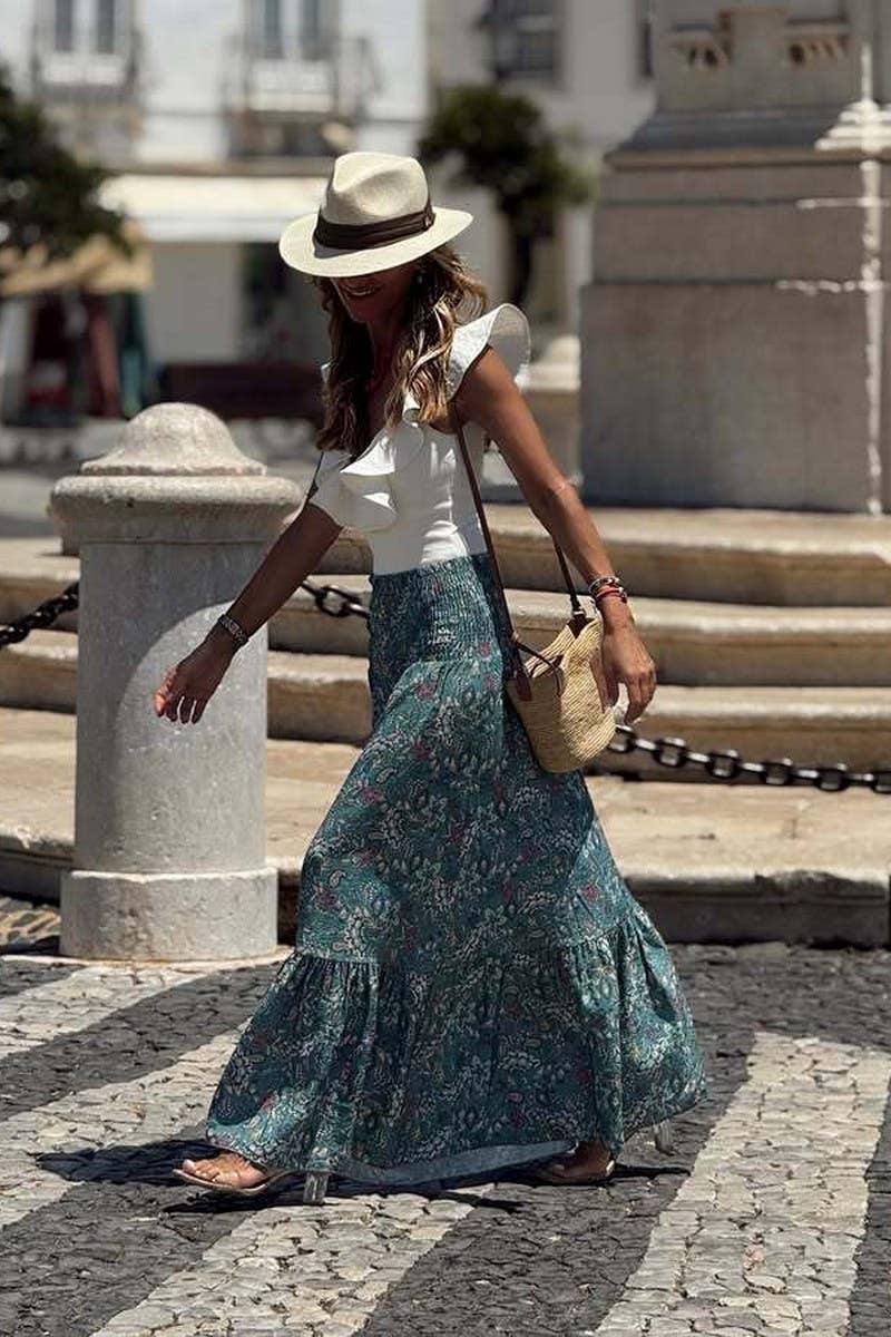 Ninexis Boho Floral Smocked Waist Maxi Skirt - Blue - CWBLS00883-BLUE-S