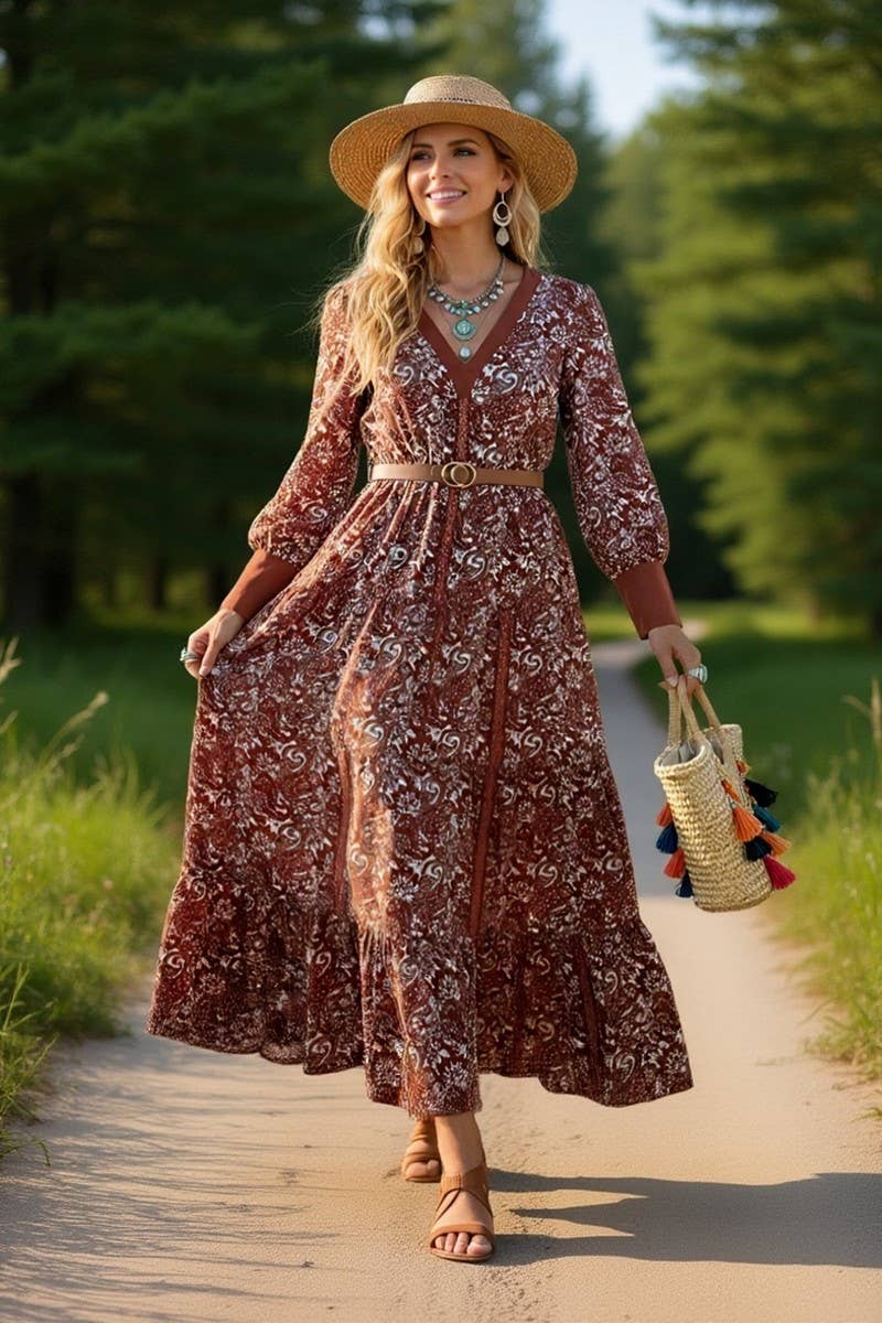 Ninexis V - Neck Bohemian Style Belted Long Dress - Coffee - CWDMD01492-COFFEE-S