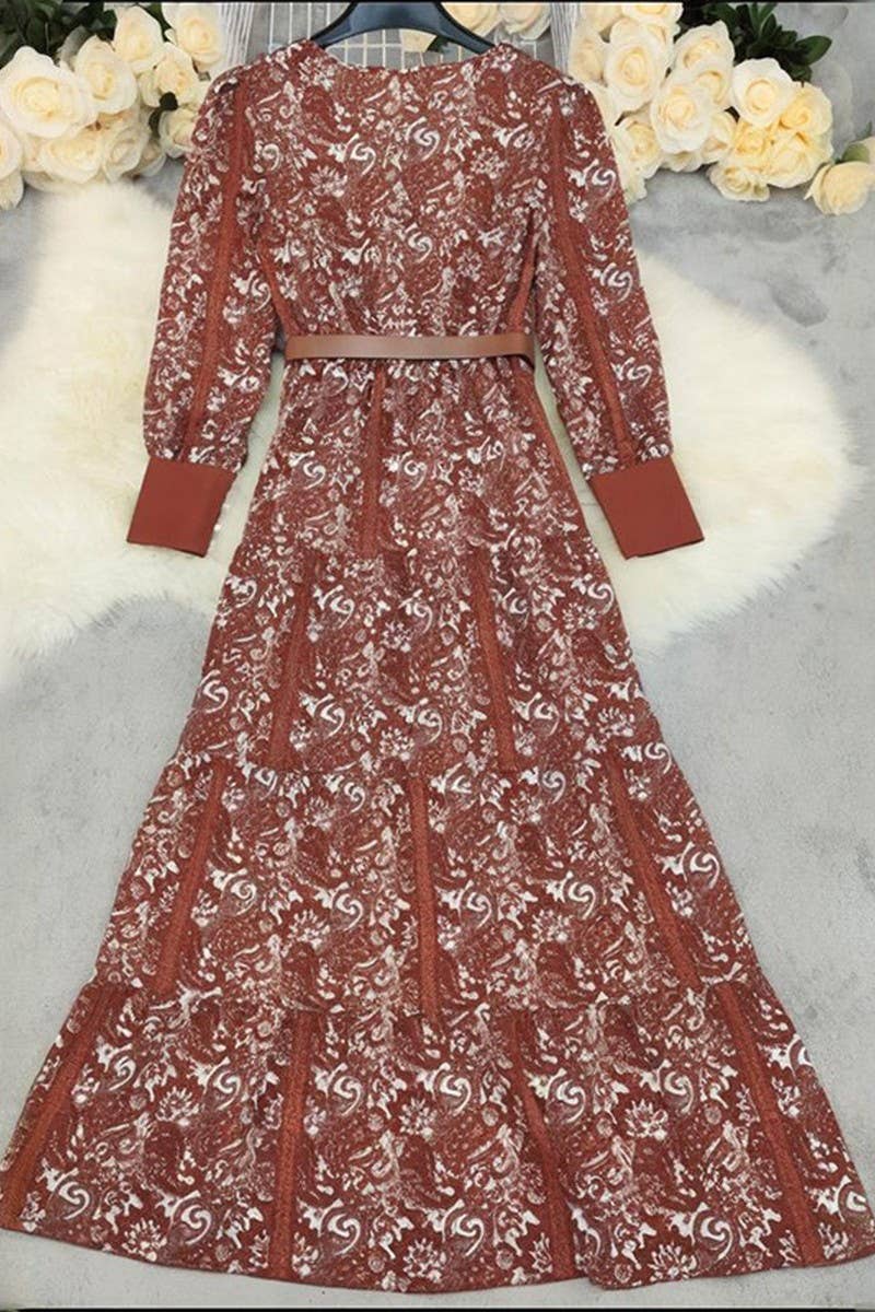 Ninexis V - Neck Bohemian Style Belted Long Dress - Coffee - CWDMD01492-COFFEE-S