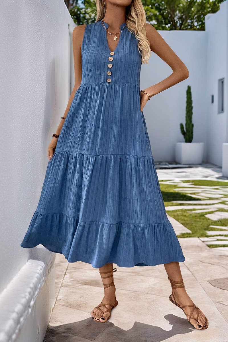 Ninexis Solid Color V - Neck Textured Sleeveless Dress - Blue - CWDMD4221-BLUE-S