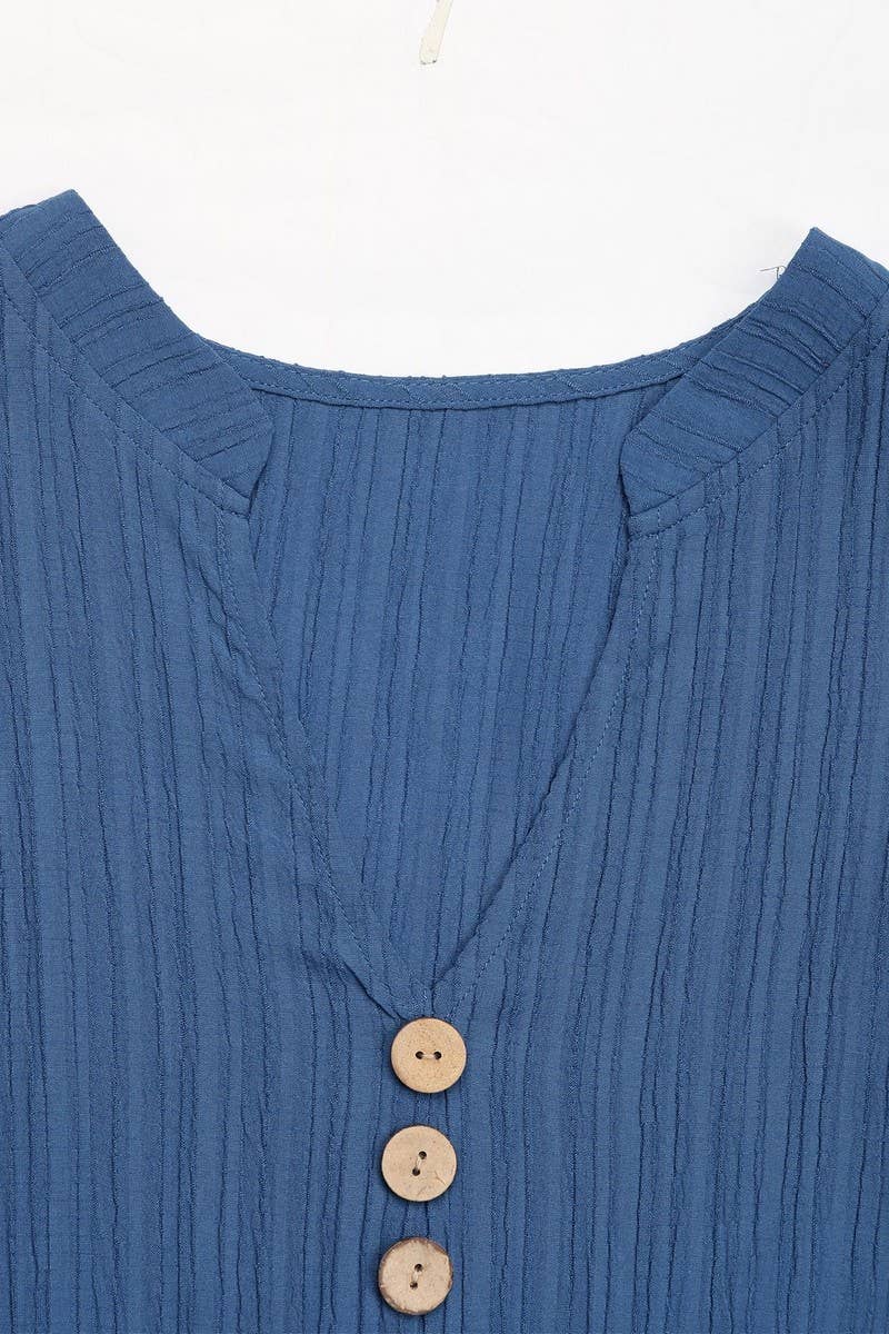 Ninexis Solid Color V - Neck Textured Sleeveless Dress - Blue - CWDMD4221-BLUE-S
