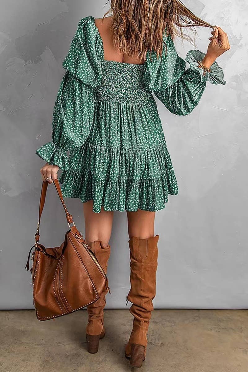 Ninexis Boho Dress w/ Long Sleeves Short Style - Green - CWDSD6417-Green-S