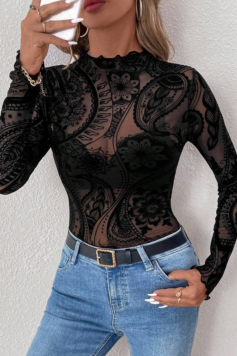 Ninexis Flocked Printed Mesh Ruffled Long Sleeve Top - Black - CWTBLL3927-BLACK-S