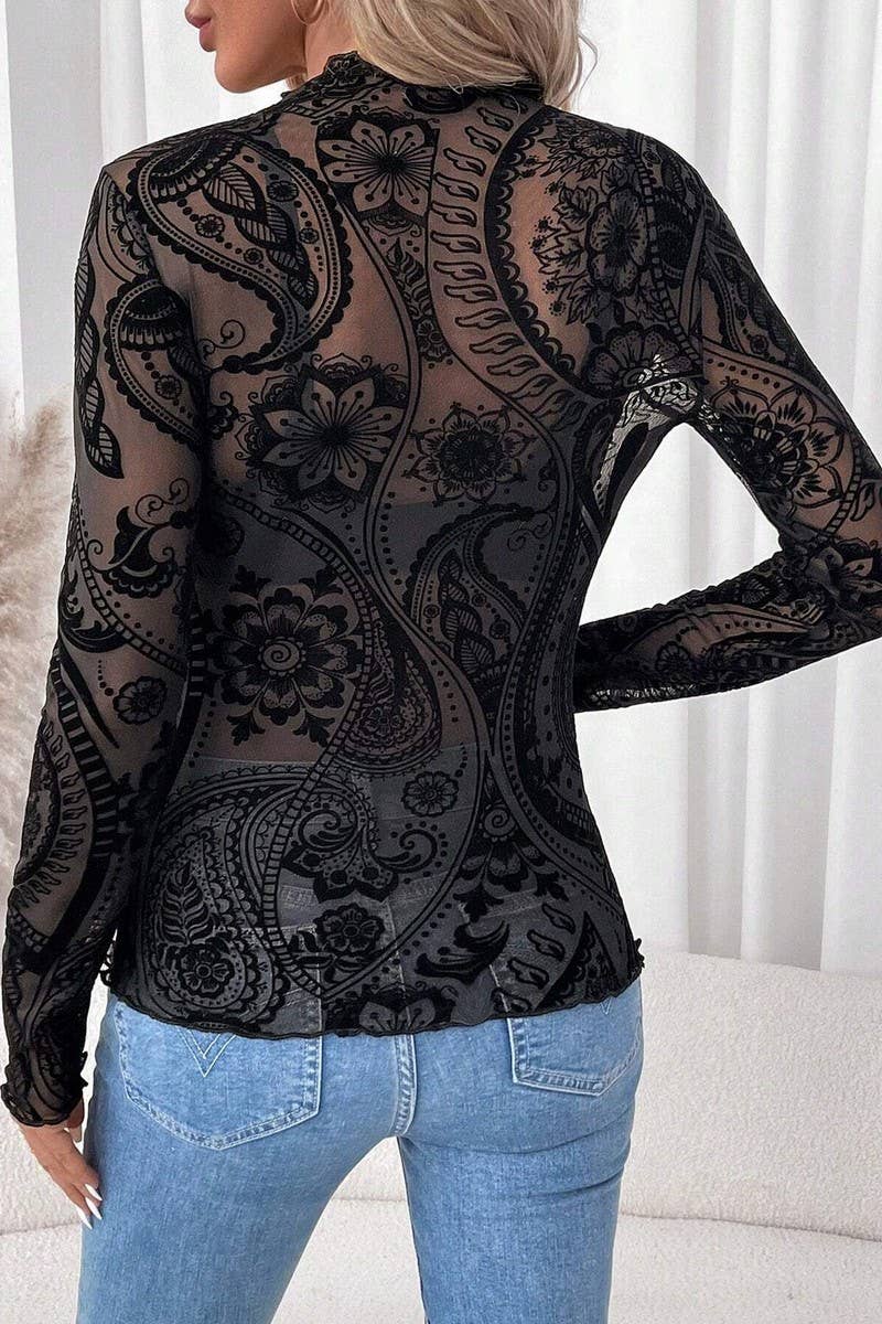 Ninexis Flocked Printed Mesh Ruffled Long Sleeve Top - Black - CWTBLL3927-BLACK-S