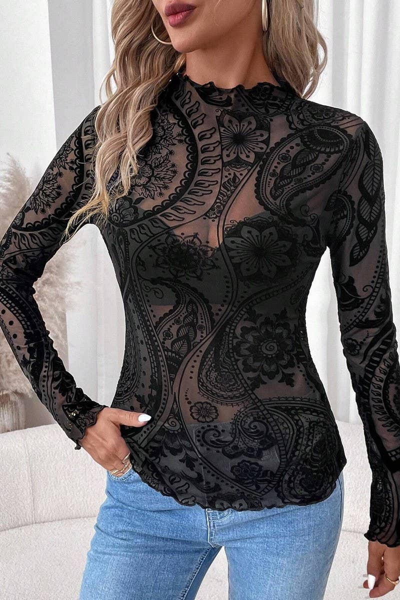 Ninexis Flocked Printed Mesh Ruffled Long Sleeve Top - Black - CWTBLL3927-BLACK-S