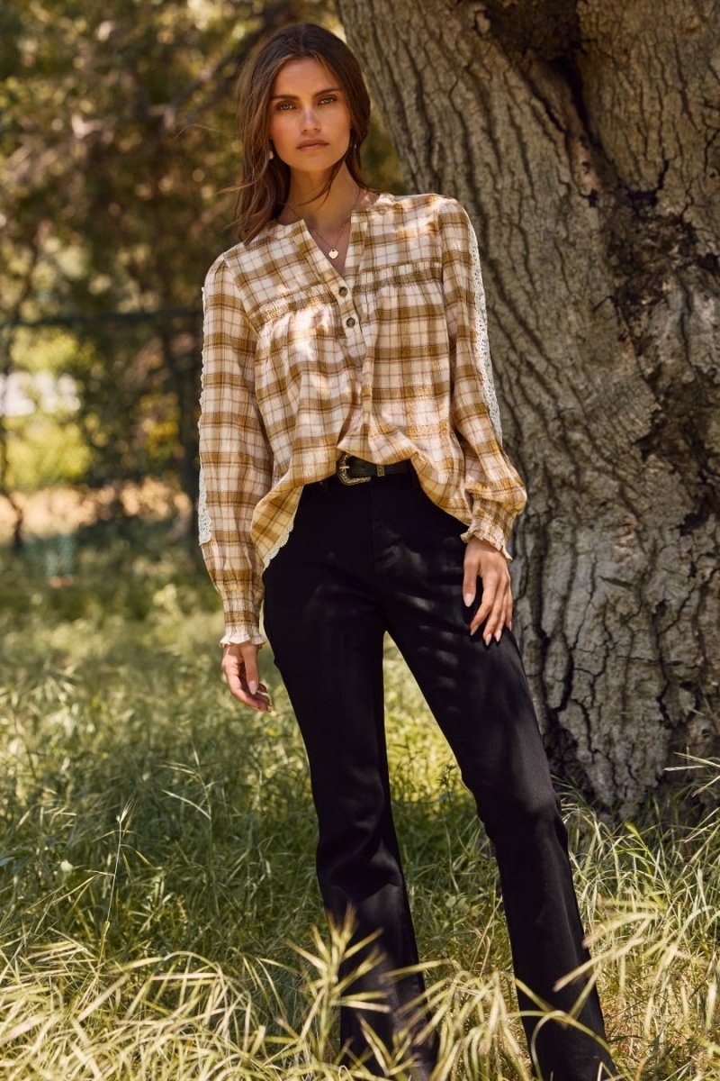 Oddi Plus Lace & Plaid Combo Long Sleeve Blouse - Sage Multi - IT18165P-1XL
