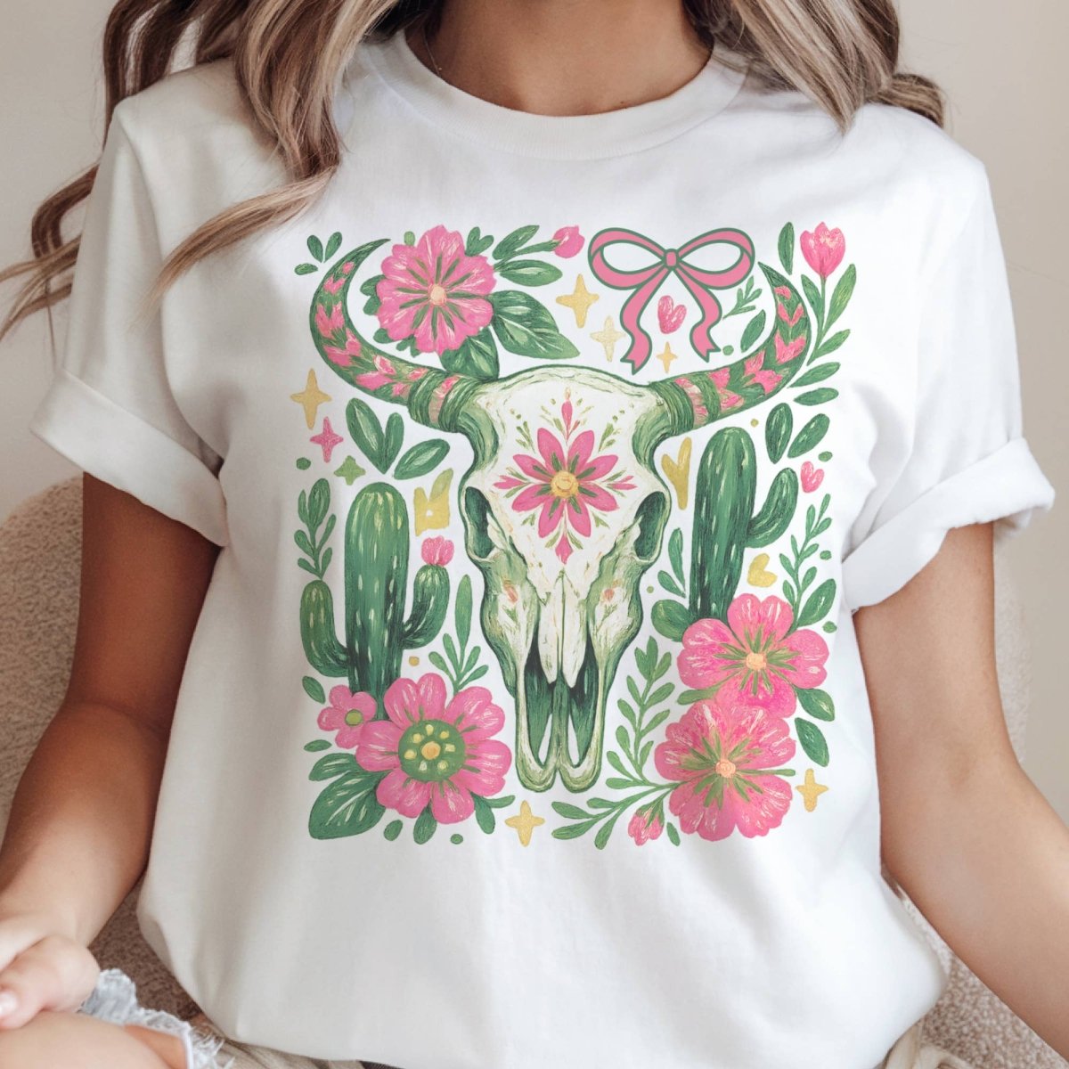Par.tees Western Cow Skull Preppy Boho Floral Pink Green Graphic Tee - White - COWSKULLWHT-S