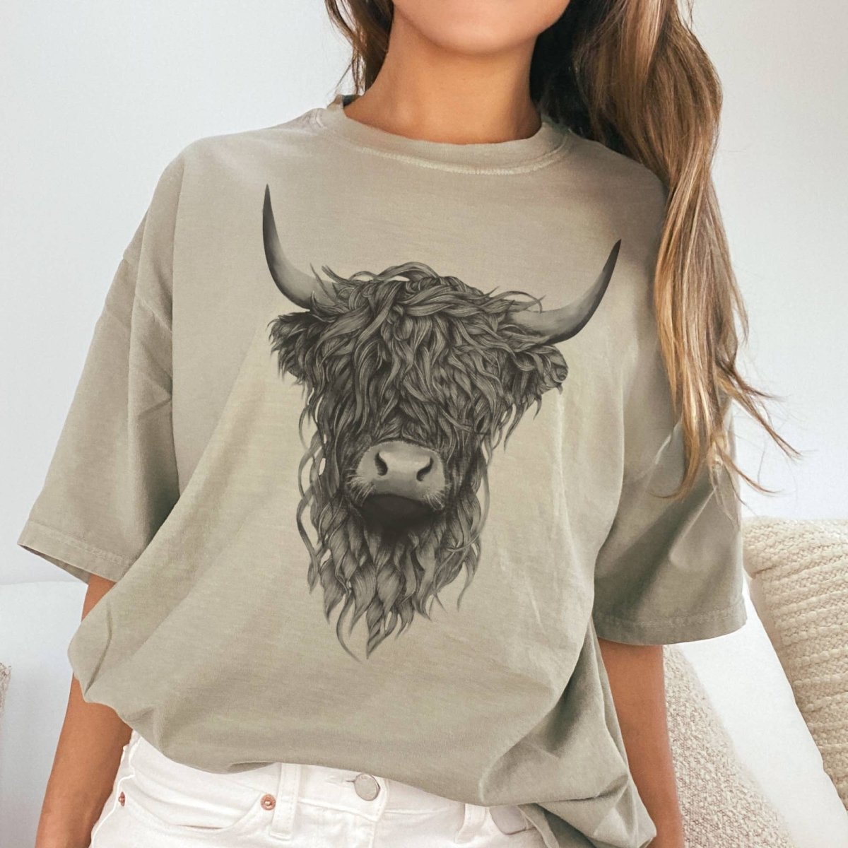 Par.tees Southwestern Highland Cow Texas Ranch Farm Graphic Tee - Tan - HLCOWTAN-S