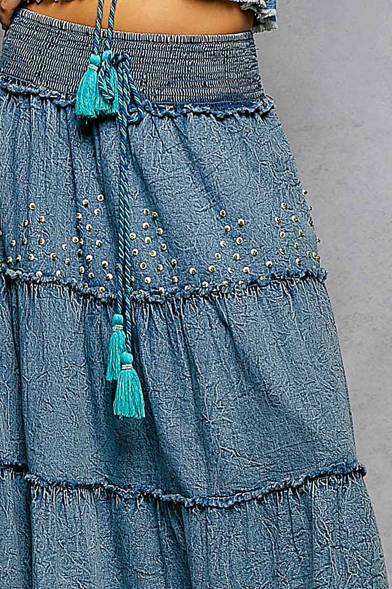 Pol Embroidery Bead Tassel Tiered Denim Maxi Skirt - Denim - SMQD23-S