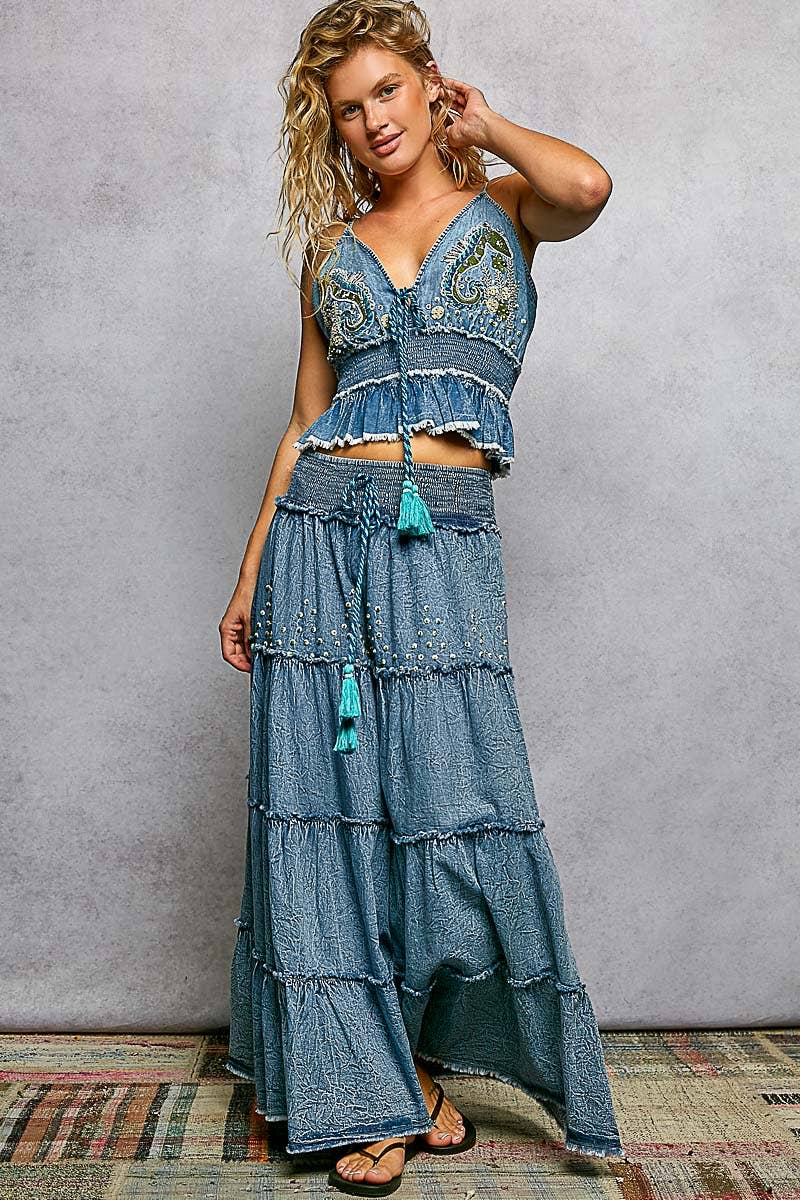 Pol Embroidery Bead Tassel Tiered Denim Maxi Skirt - Denim - SMQD23-S