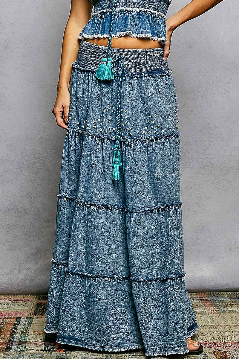 Pol Embroidery Bead Tassel Tiered Denim Maxi Skirt - Denim - SMQD23-S