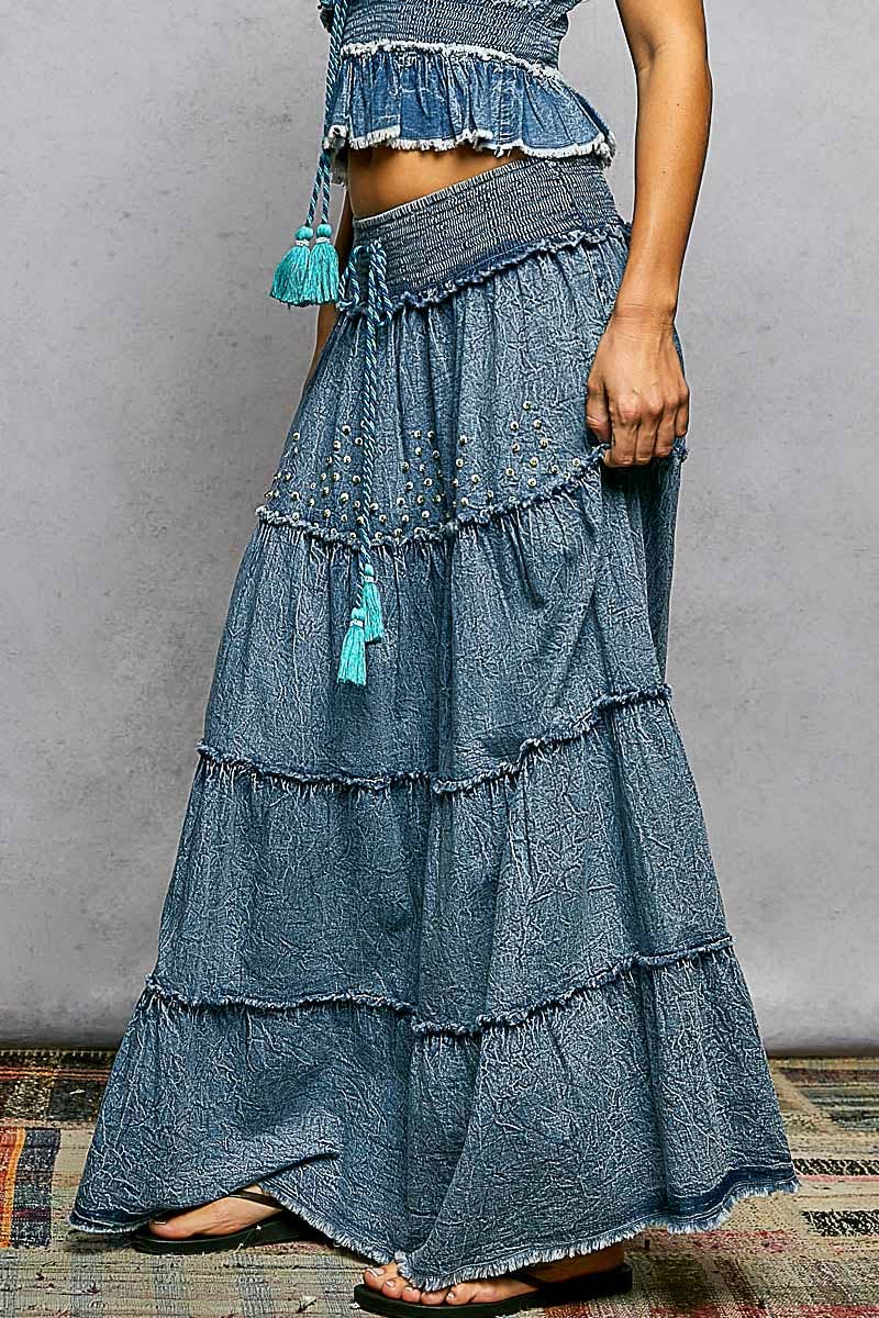 Pol Embroidery Bead Tassel Tiered Denim Maxi Skirt - Denim - SMQD23-S