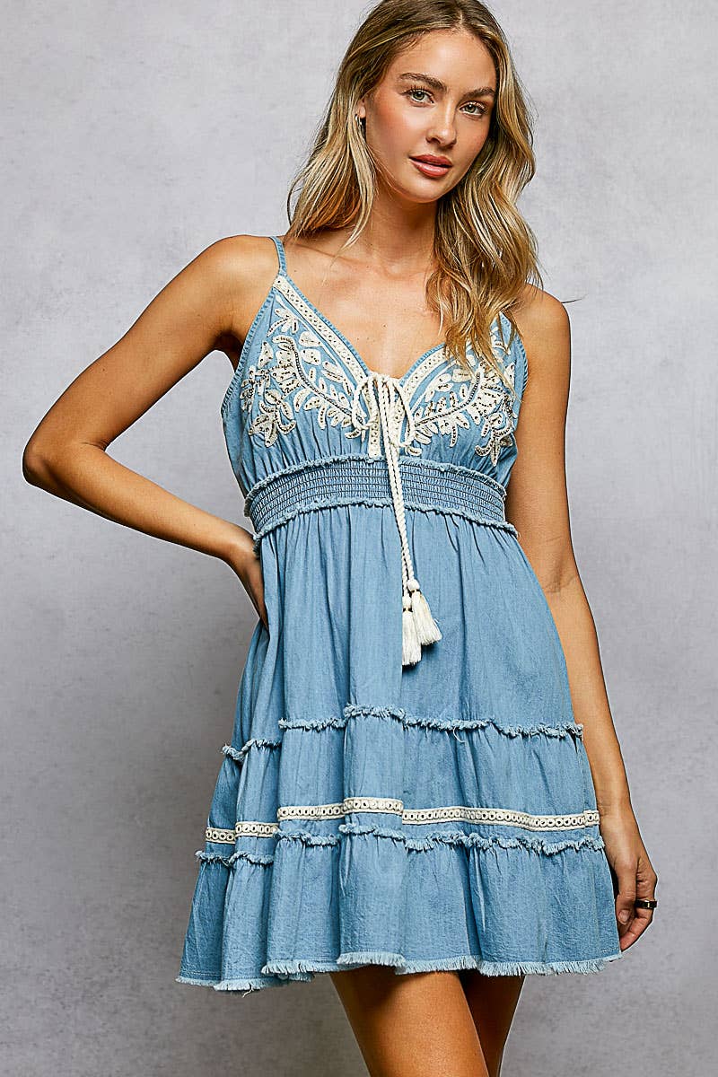 Pol Vintage Denim Embroidered Smocked Ruffle Boho Dress - SMQD4-S