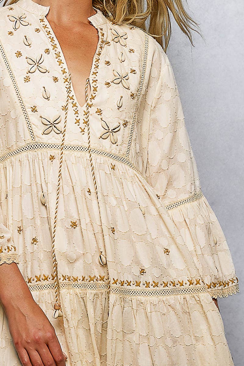 Pol Stitch Bead Detail Trim V - Neck Woven Roomy Fit Dress - Natural Multi - SMQF20-S