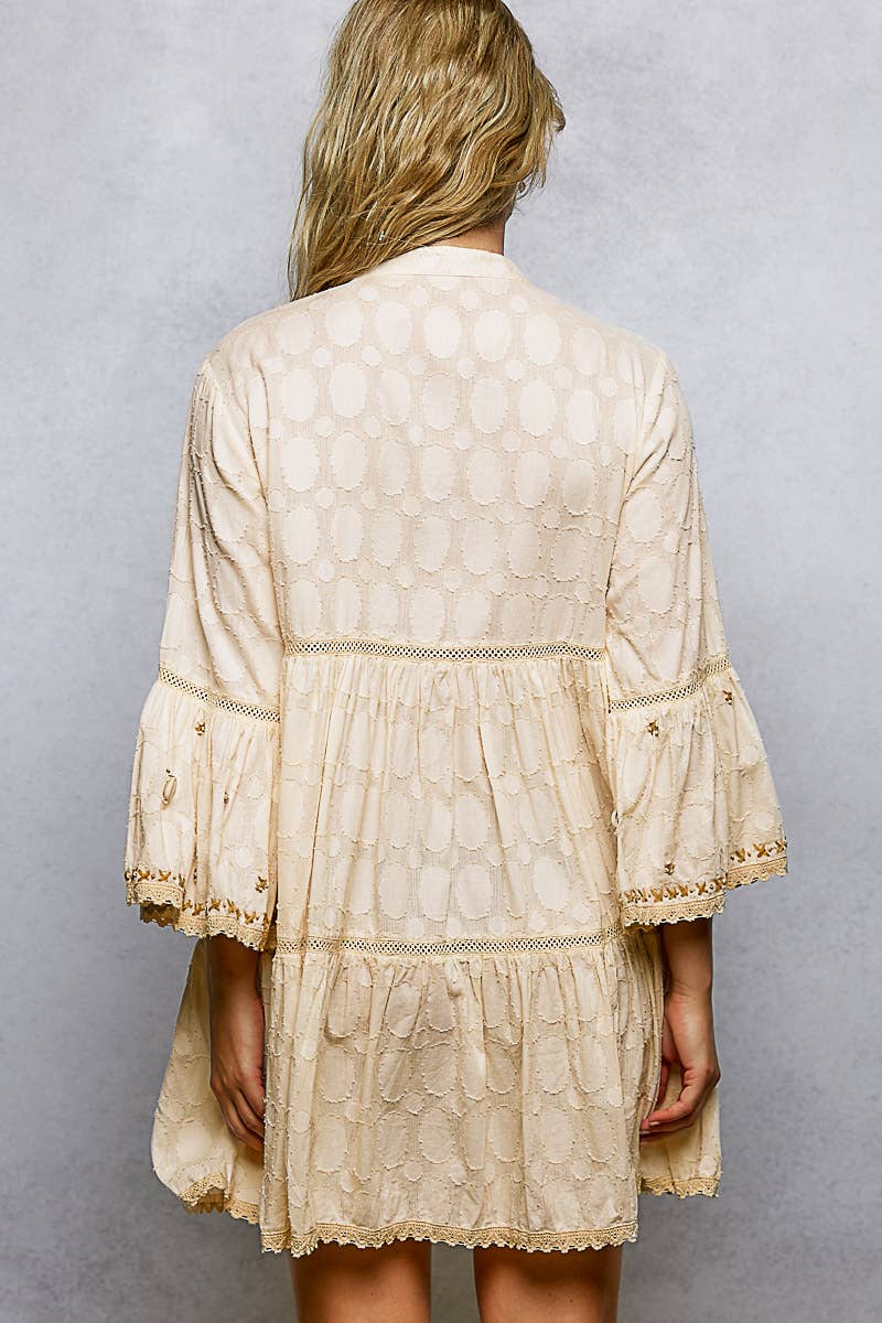 Pol Stitch Bead Detail Trim V - Neck Woven Roomy Fit Dress - Natural Multi - SMQF20-S