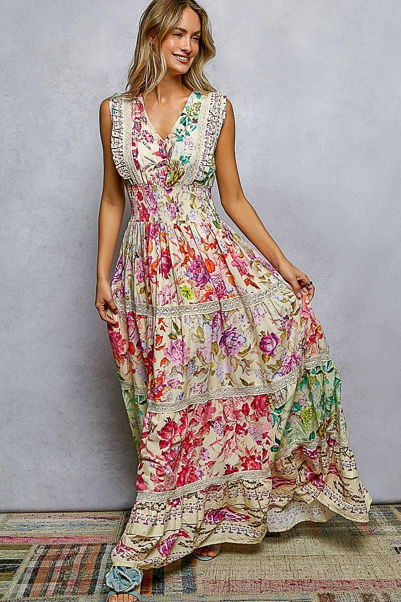 Pol Feminine V-Neck Smocked Waist Ruffle Floral Maxi Dress - Cream - SMQH20-S