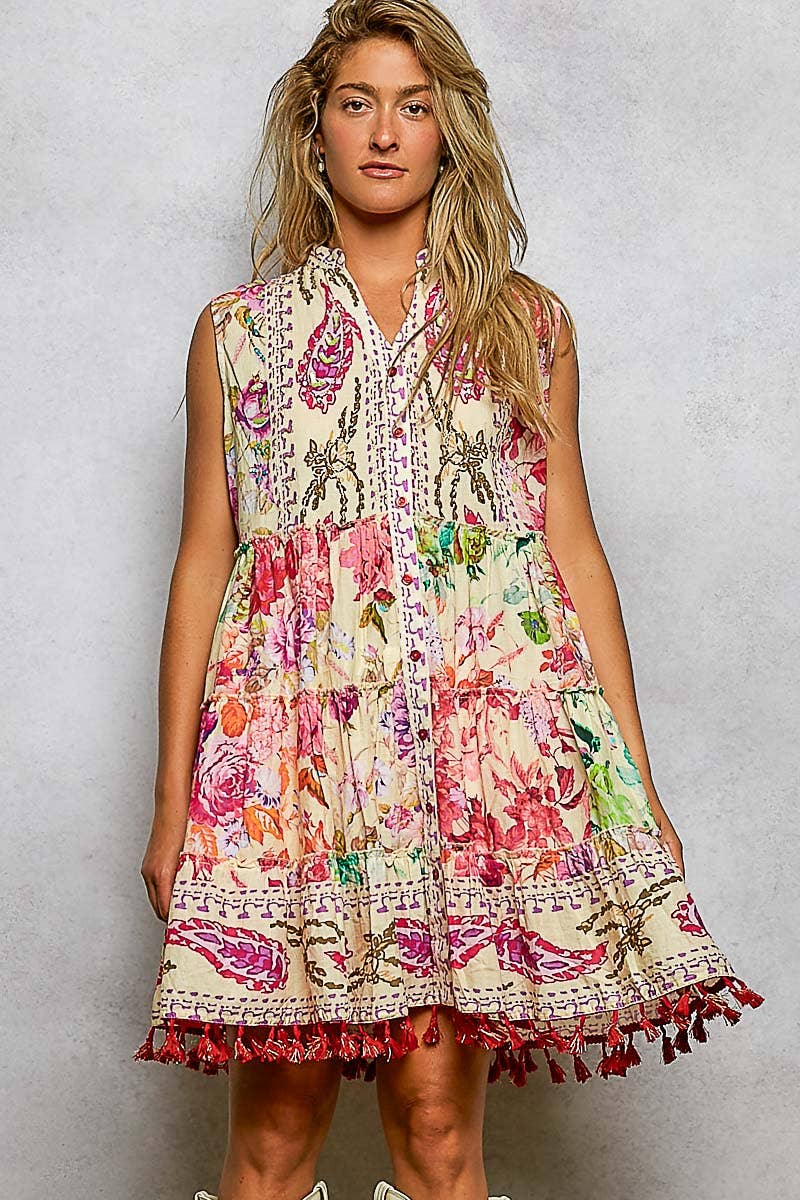 Pol Cotton Button Closure Floral Tassel Bead Sleeveless Dress - Cream - SMQH21-S