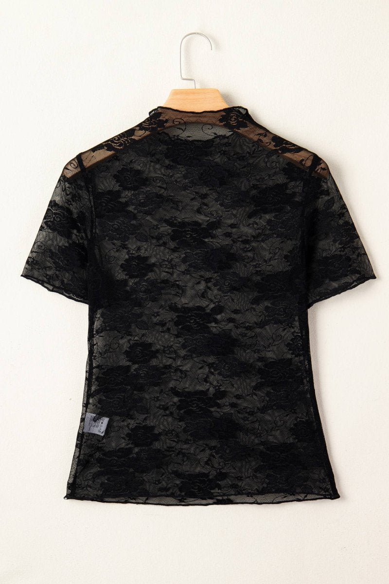 Pretty Bash Floral Lace Mesh Short Sleeve Sheer Top - Black - PB25136348-P2-S