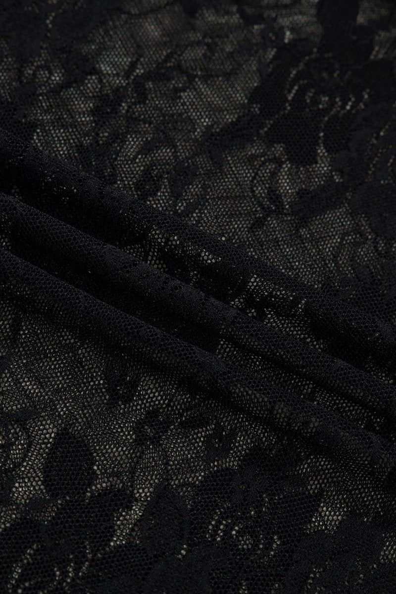 Pretty Bash Floral Lace Mesh Short Sleeve Sheer Top - Black - PB25136348-P2-S