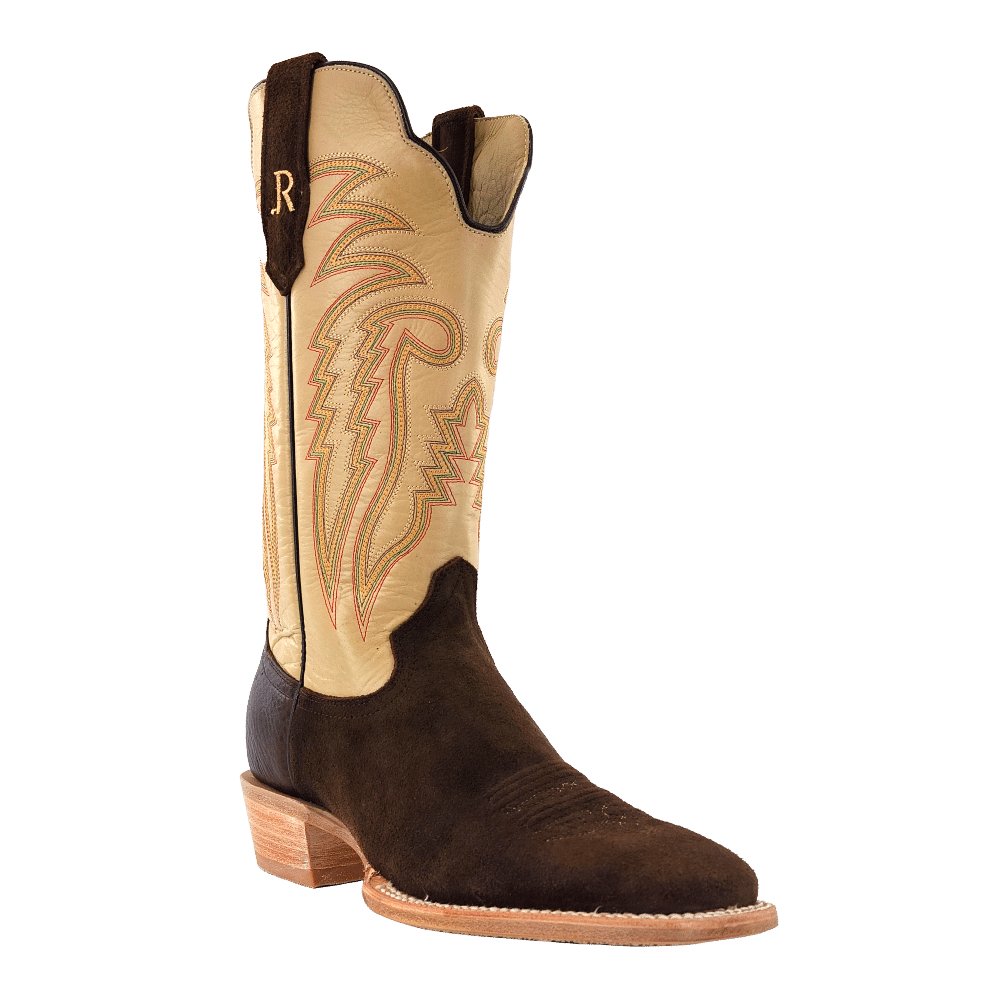 R. Watson Men's 13" Chocolate Heavy Roughout Cowhide and Bone Sinatra Cowhide Western Boot - RW8221 - 1 - 7D