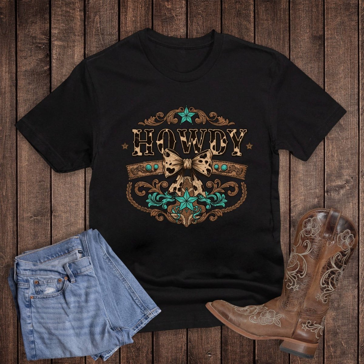 Rebel Rose Western Leather Howdy Bow Graphic Tee - Black - HOWDYBOW-BLACK-S