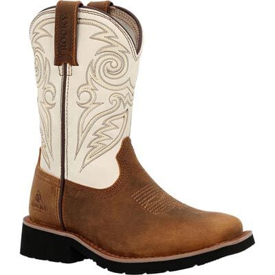 Rocky Boys 8" OTH Big Kids White & Brown Square Toe Western Boot - RKW0462Y-3.5M