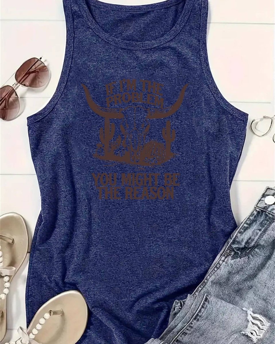 Rosa Clothing Western "If I'm the Problem" Bull Skull Graphic Tank Top - Blue - RCDQ03197-Blue-S