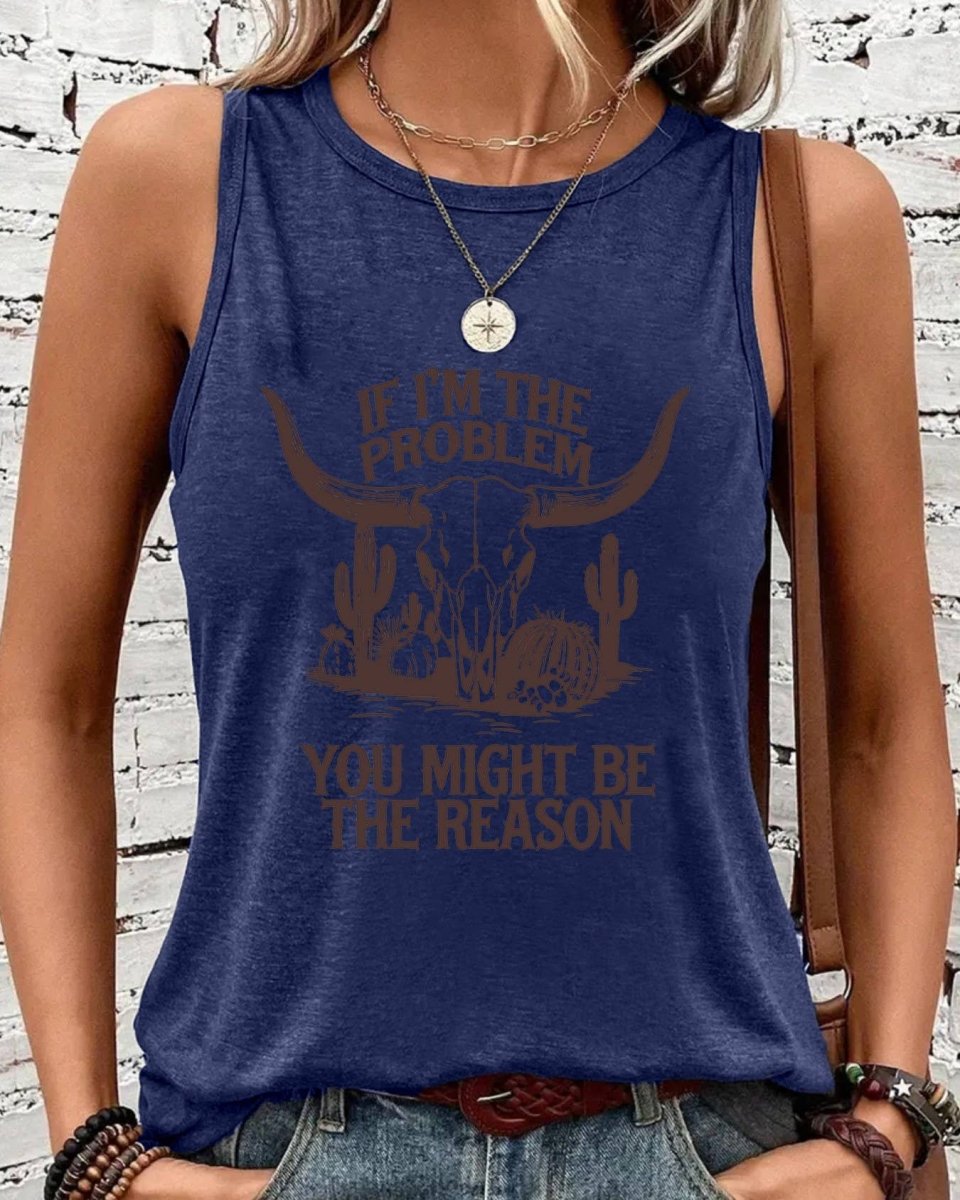 Rosa Clothing Western "If I'm the Problem" Bull Skull Graphic Tank Top - Blue - RCDQ03197-Blue-S