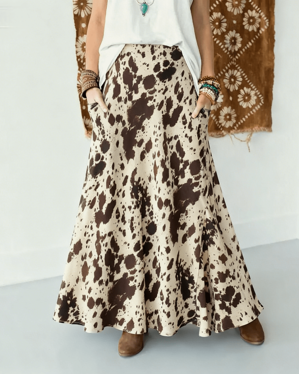 Rosa Clothing Satin Wild Western Animal Cow Print Skirt - Cow - RCJW07435-COW-XS