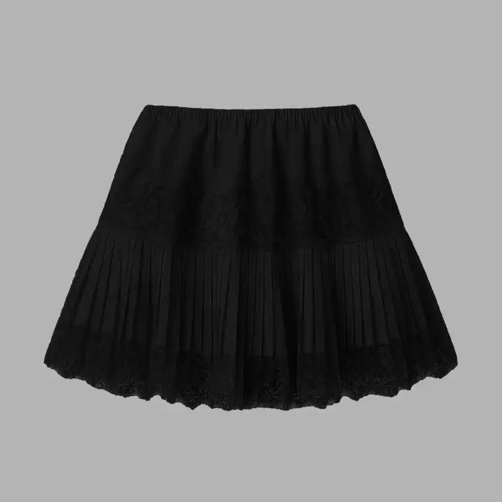 Rosa Clothing High-Rise Pleated Ruffles Mini Lace Skirt - RCJW07934-Black-S