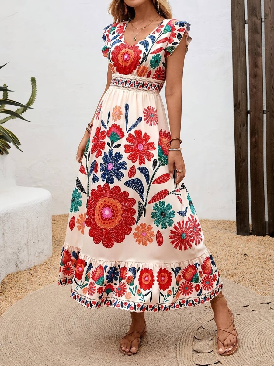 Rosa Clothing Bohemian V-Neck Ruffled Floral Flowy Vacation Dress - Floral - RCJW08202-Floral-S