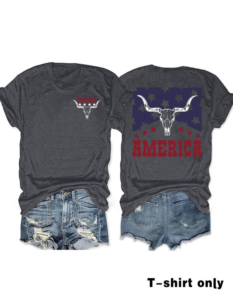 Rosa Clothing Patriotic Western Cow Skull America Graphic Tee - Dark Grey - RCJW08231-DARKGREY-S