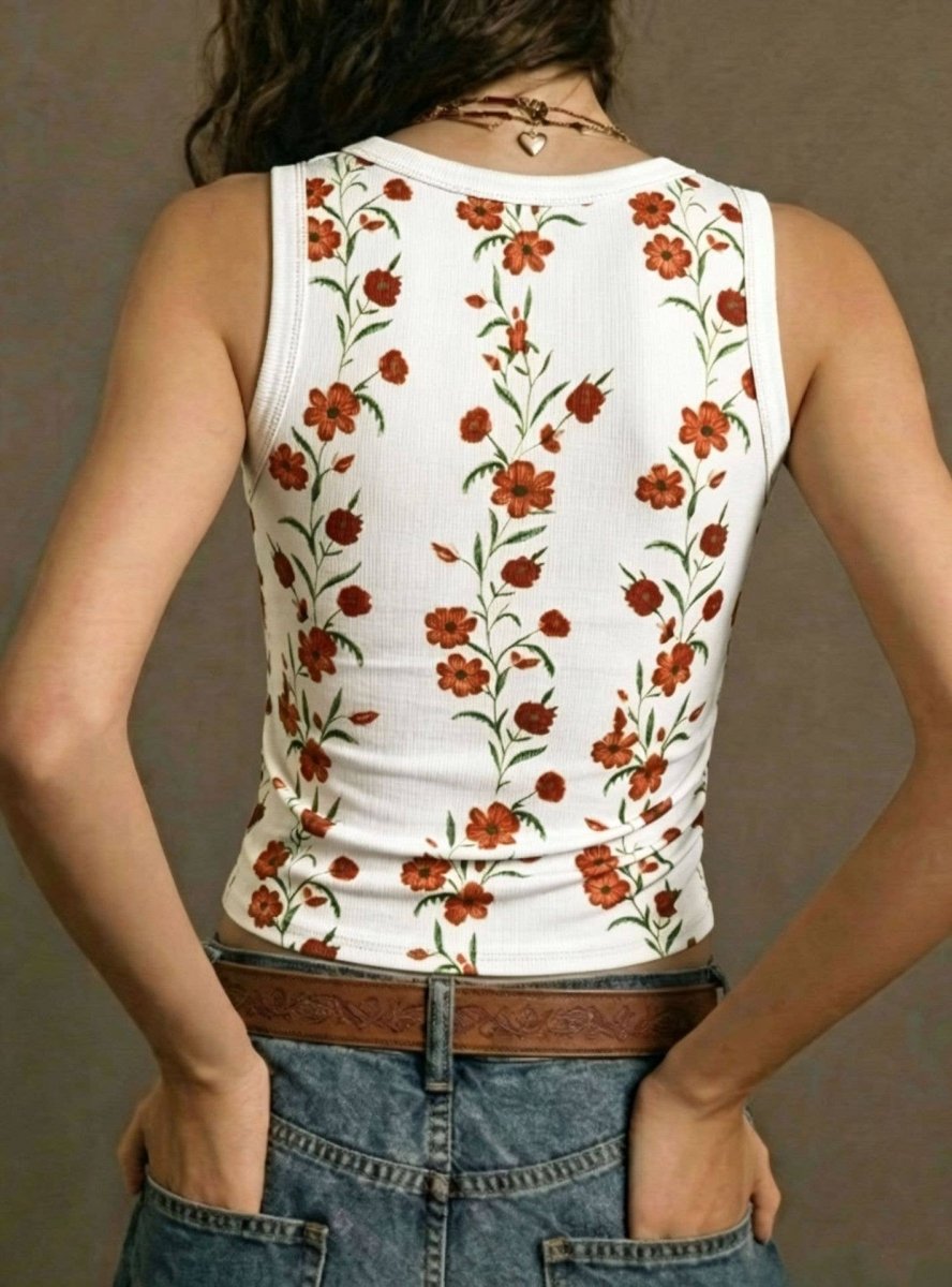 Rosa Clothing Boho Retro Floral Print Ribbed Knit Slim-Fit Tank Top - White - RCJW08254-White-S