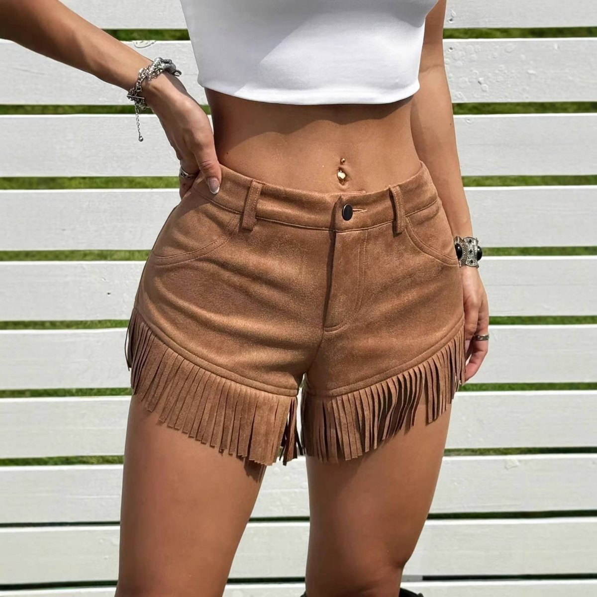 Rosa Clothing Retro Western Style Tassel Hem Suede Cowboy Shorts - Brown - RCJW08387-Brown-S