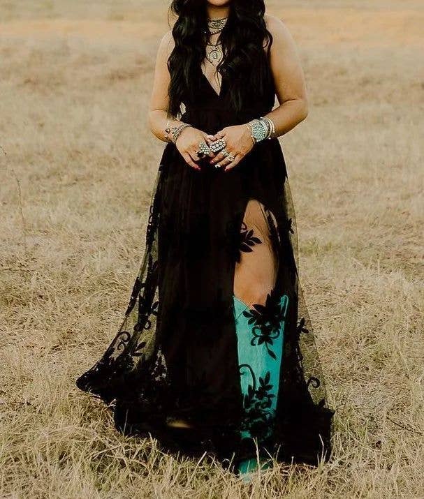 Rosa Clothing Southern Country Cowgirl Coachella Lace Flare Dress - Black - RCJY03884-black-S