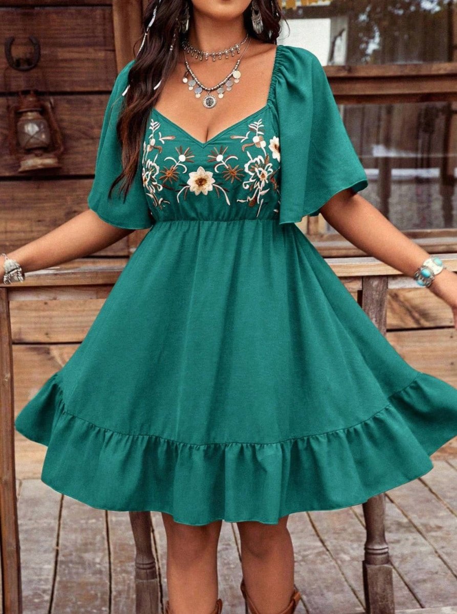 Rosa Clothing Bohemian Style Embroidered Ruffle Dress - Green - RCXL07238-Green-S